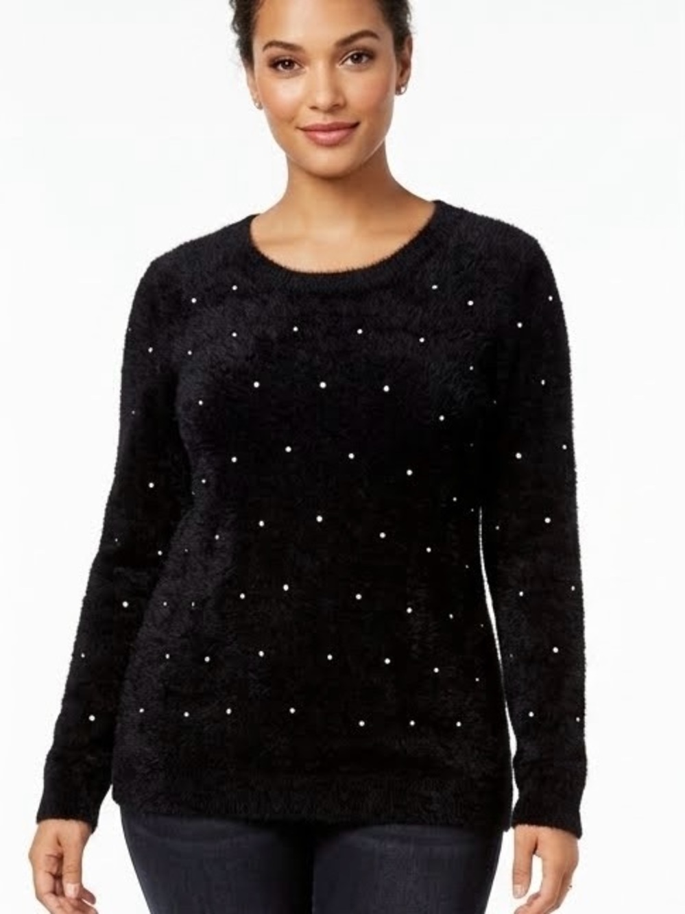 INC International Concepts Black Fuzzy Rhinestone Sweater Women’s XL
